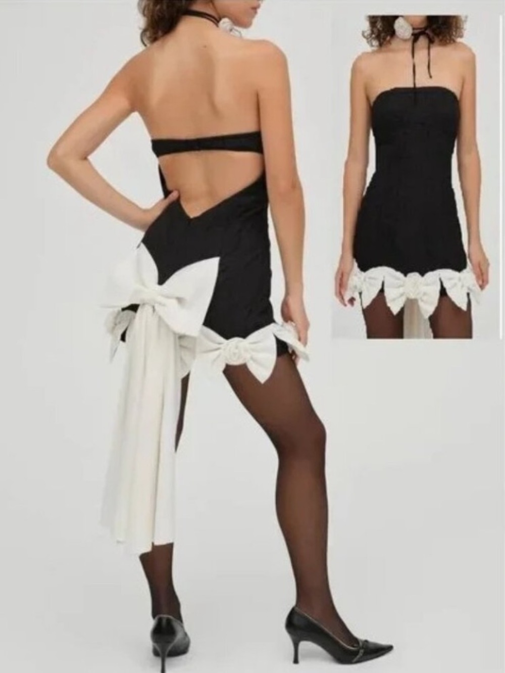 NWOT For Love And Lemons Black Strapless Mini Dress with White Bow Trim
